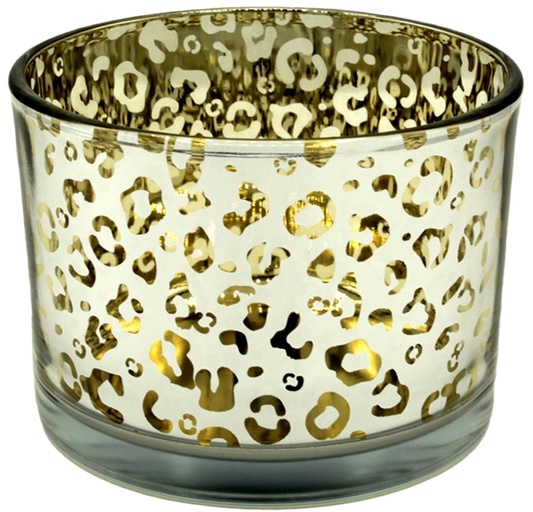 Leopard print, gold etched candle jar vessel
